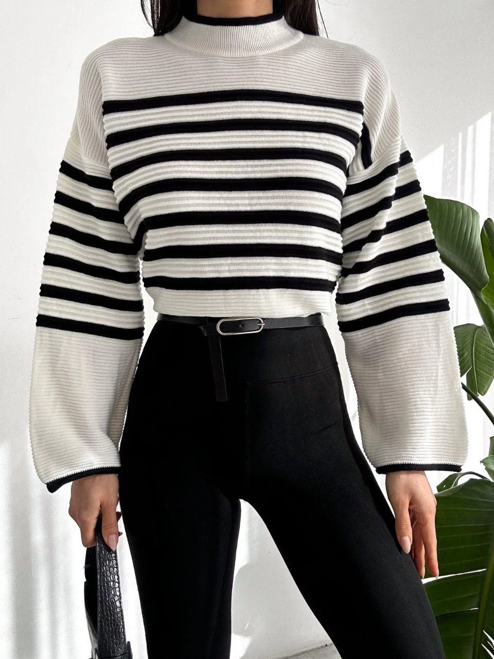 Balıkçı Yaka Çizgili Triko Kazak