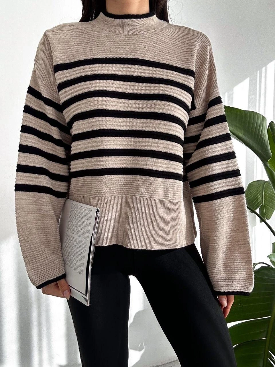 Balıkçı Yaka Çizgili Triko Kazak