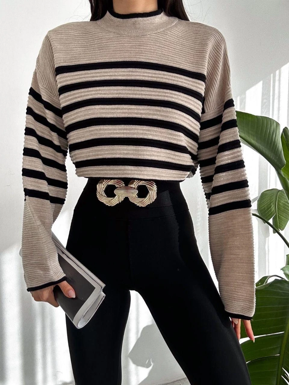 Balıkçı Yaka Çizgili Triko Kazak