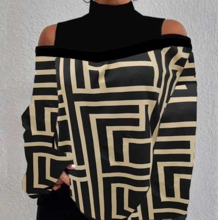 Balıkçı Yaka Omuz Pencereli Dijital Baskılı Şardonlu Dalgıç Kumaş Bluz