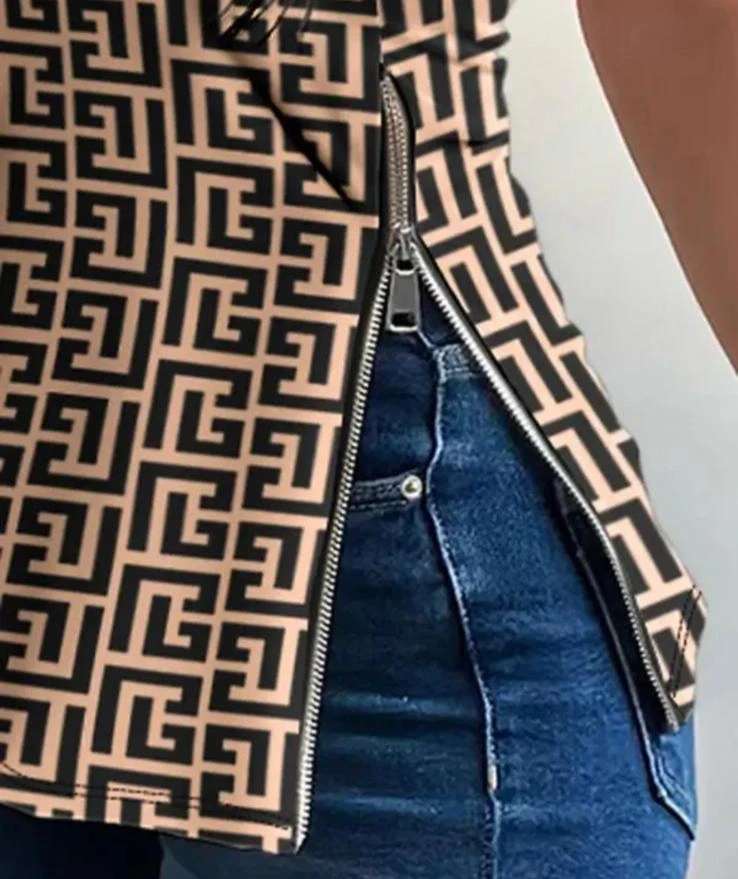 Dalgıç Kumaş Dijital Baskı Fermuar Detaylı Bluz