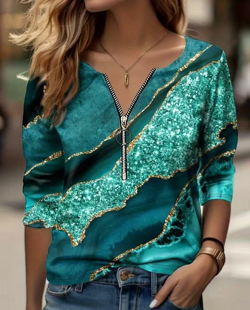 Fermuarlı Pul Payet Görünümlü Dijital Mikro Bluz