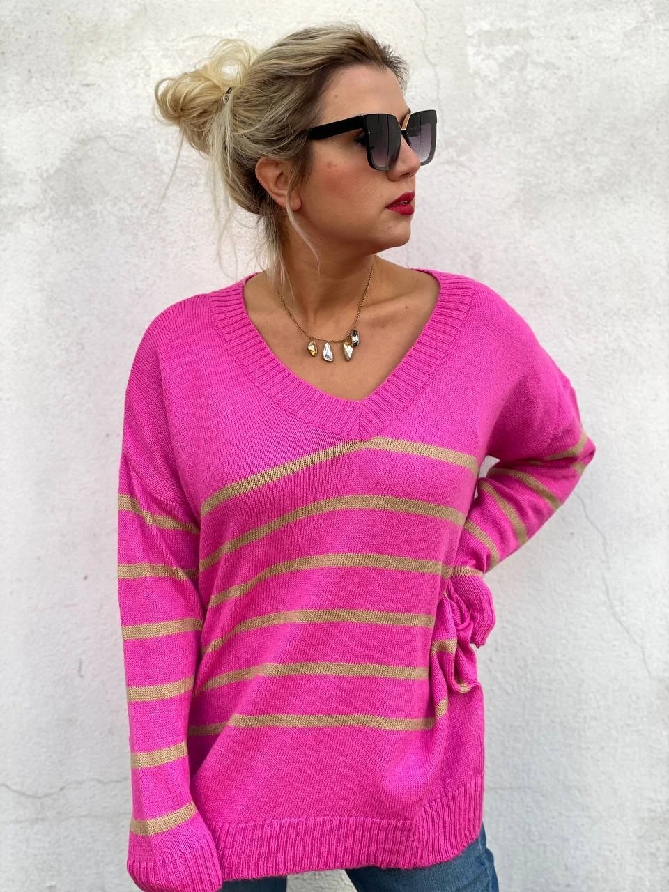 Gold Çizgili V Yaka Triko Kazak