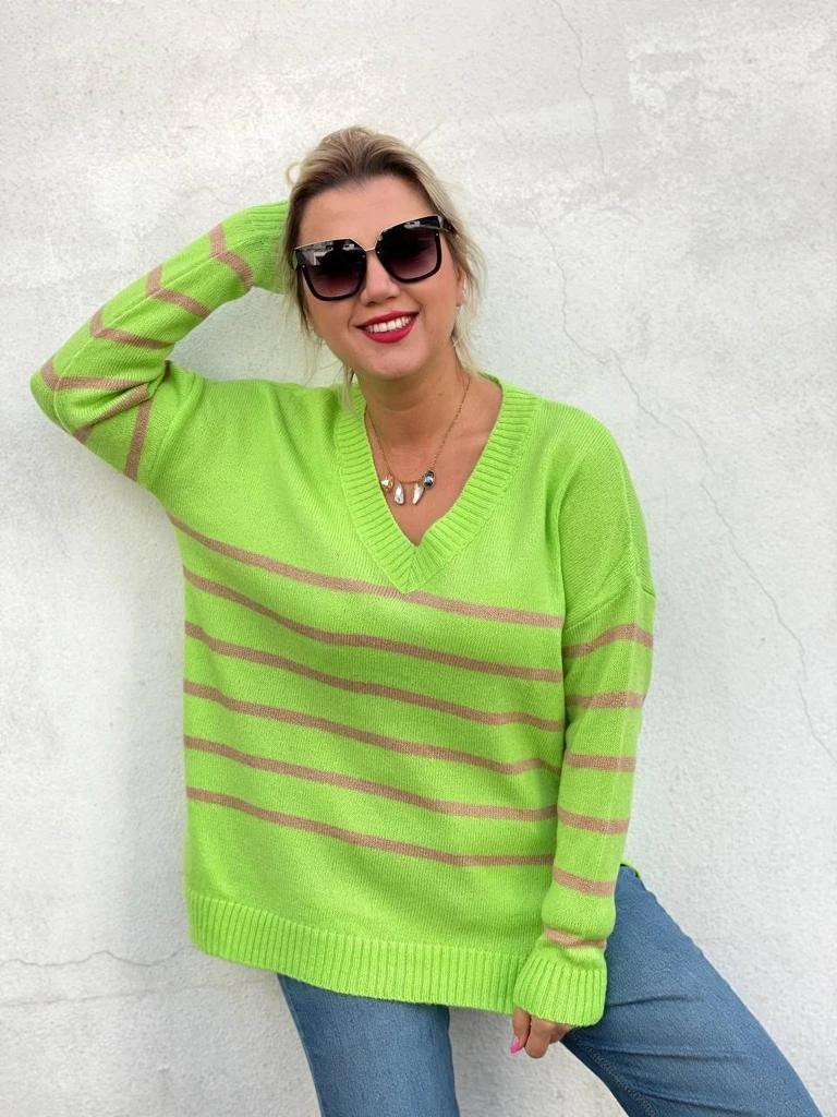 Gold Çizgili V Yaka Triko Kazak