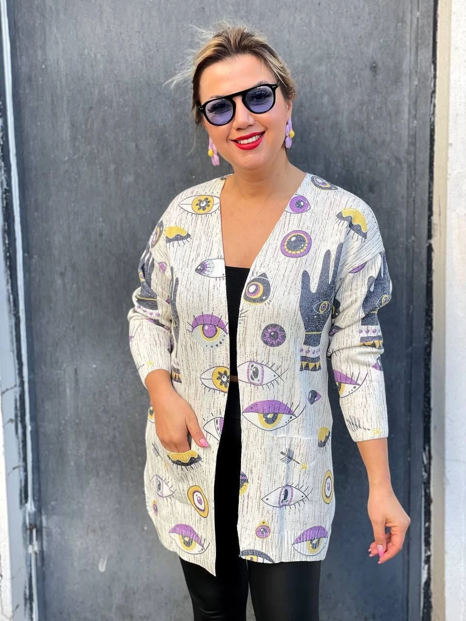 İtalyan Çelik Triko  Göz Desen Salaş Hırka