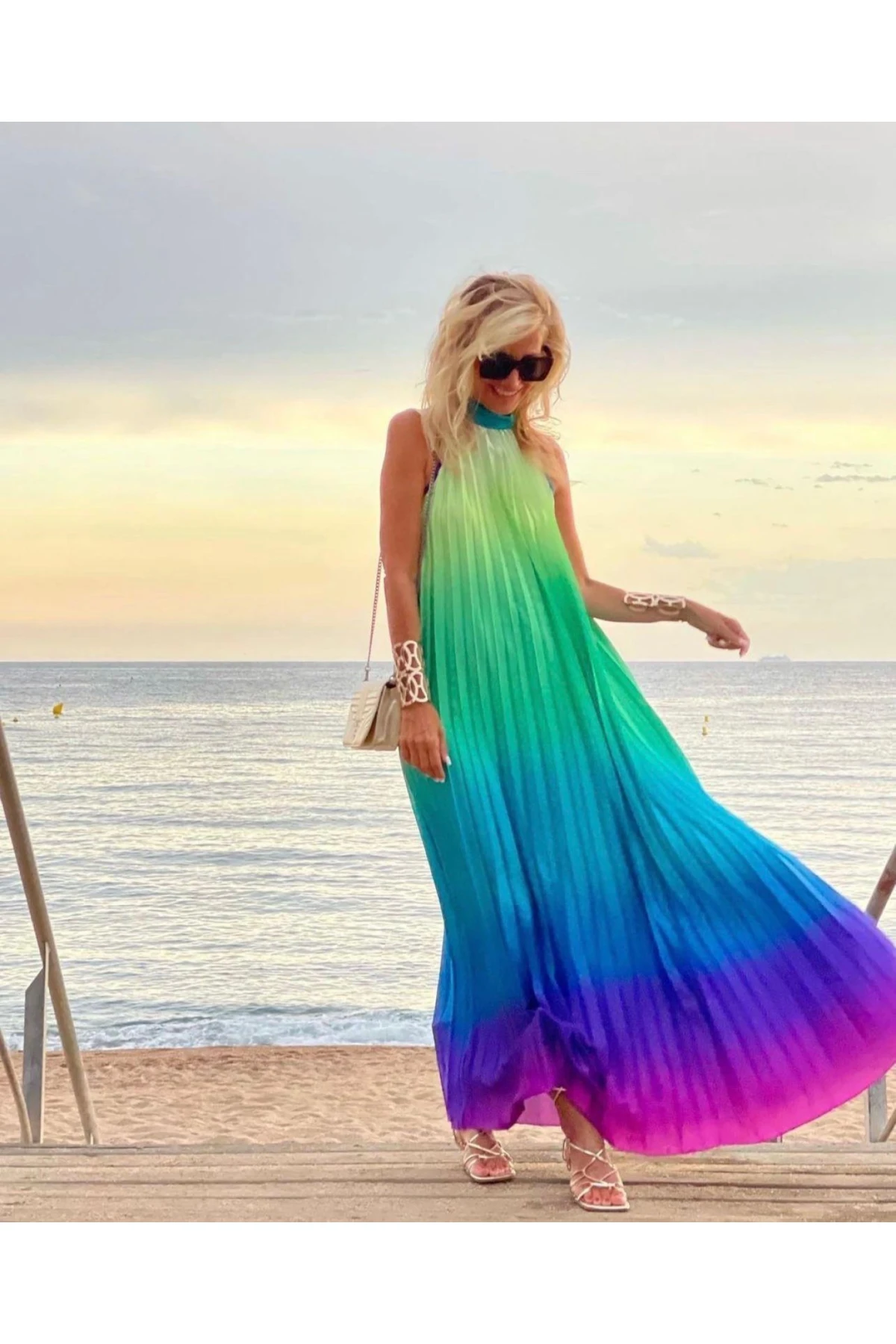 Ithal  Multisifon Renk Gecisli Maxi Elbise