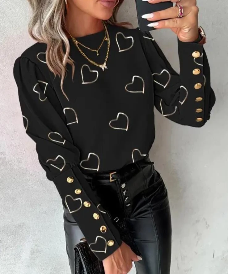 Jessıka Kumaş Kalp Baskı Düğme Detaylı Gömlek