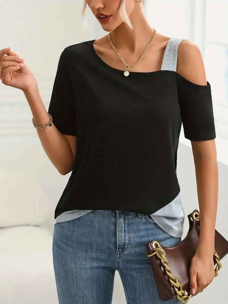 Kadın Kısa Kollu Tek Omuzu Açık Askı Detaylı Viskon Bluz