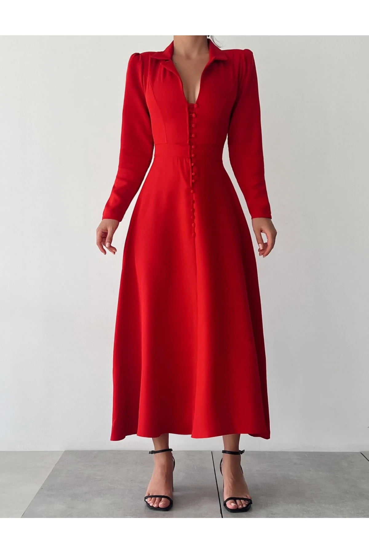 Kaplama Dügmeli Maxi Elbise Atlas kumaş LIkrali