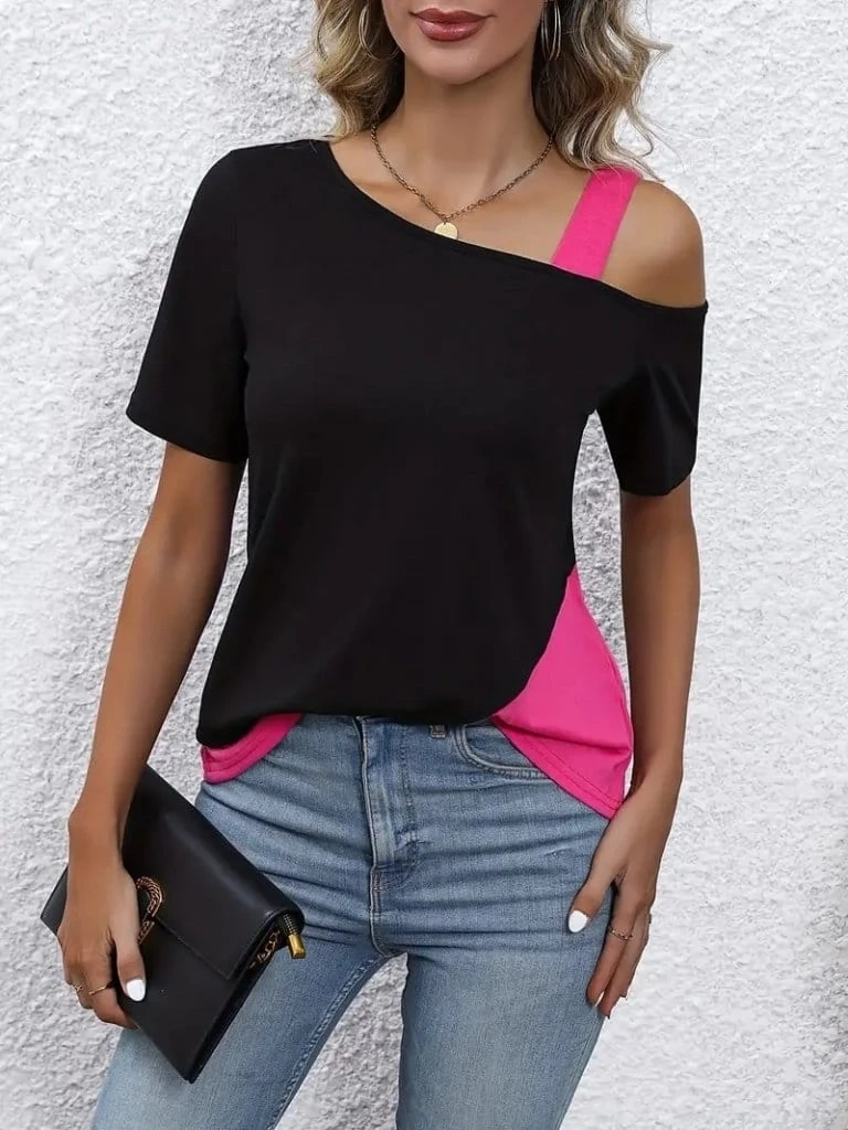 Kısa Kollu Tek Omuzu Açık Askı Detaylı Viskon Bluz