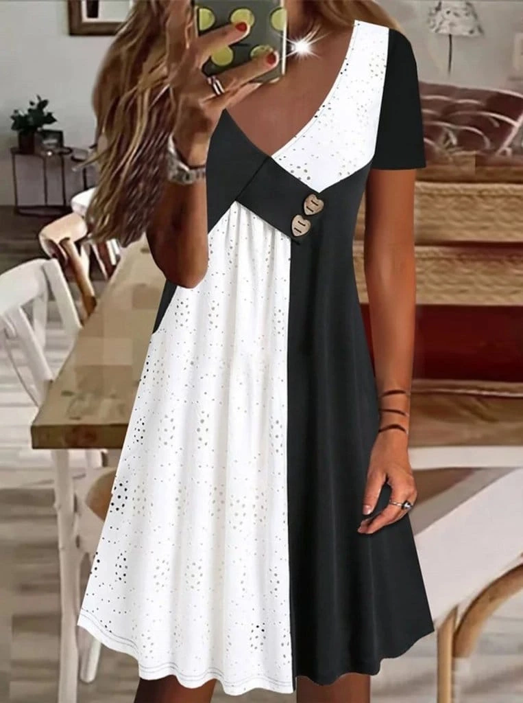 Kısa Kollu V Yakalı zıt Renkli Brode Artı Viskon Elbise