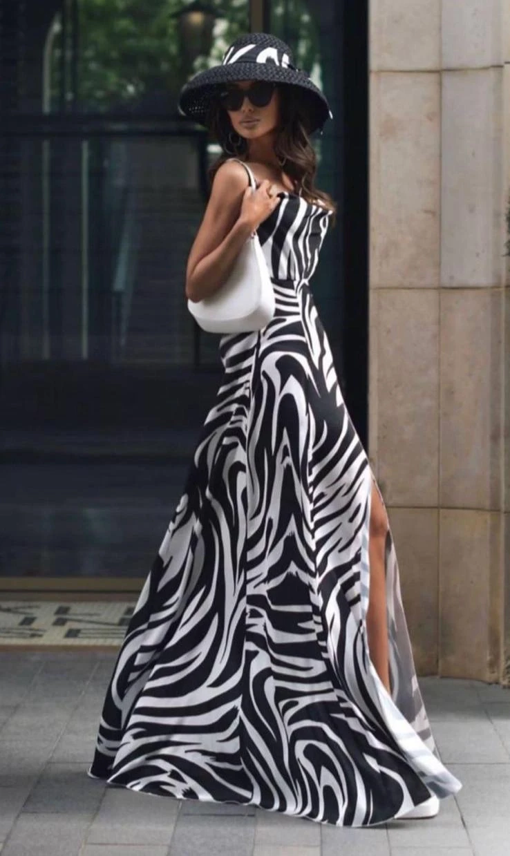 Micro Kumaş Dijital Baskı Yırtmaclı Elbise