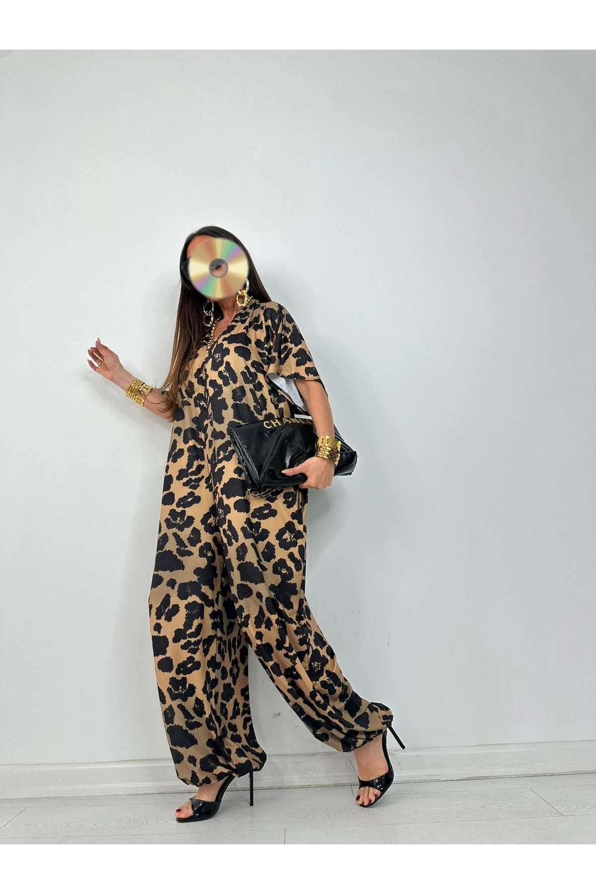 Mikro Kumaş Salash  Leopar Desenli Tulum