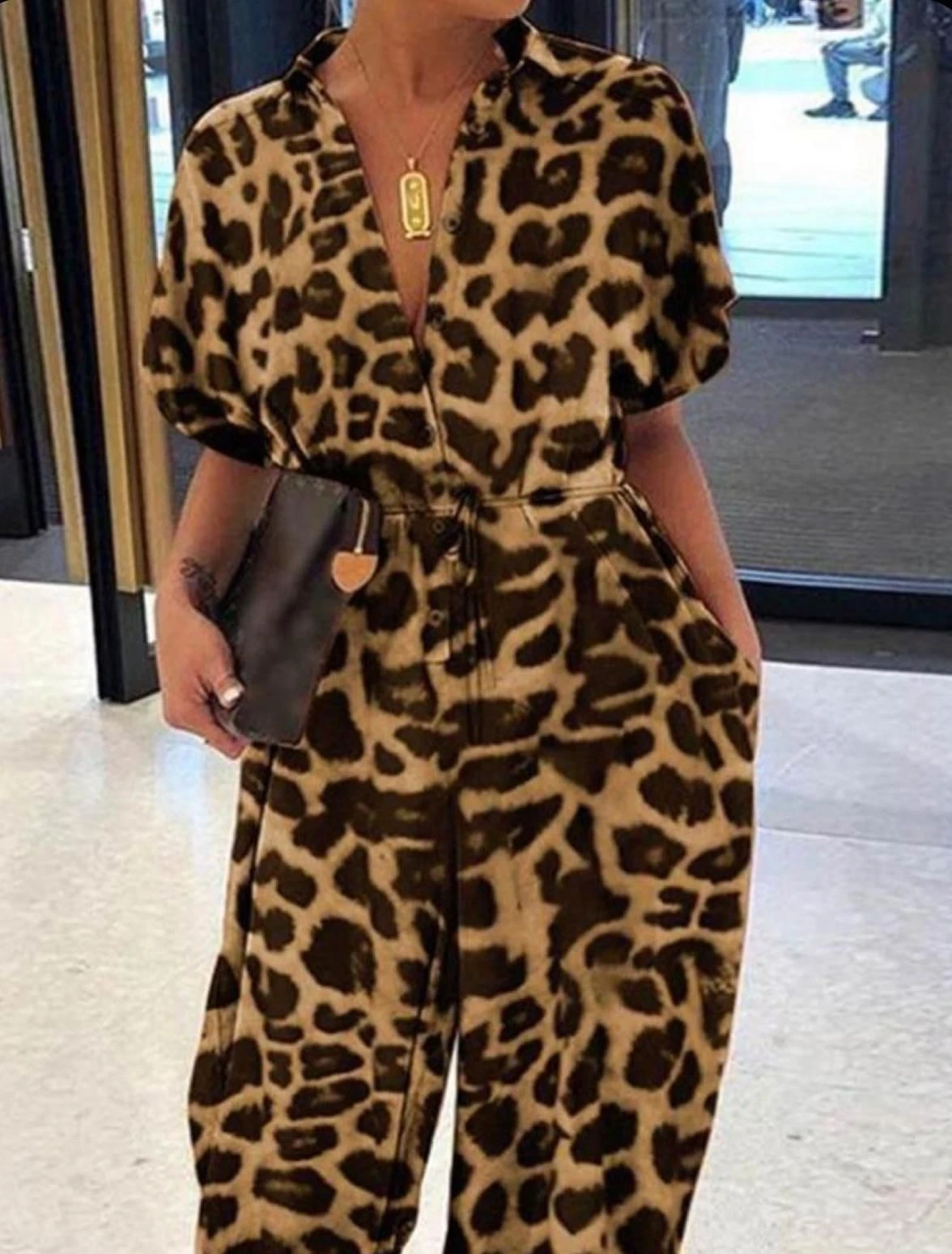 Mikro Kumaş Salash  Leopar Desenli Tulum