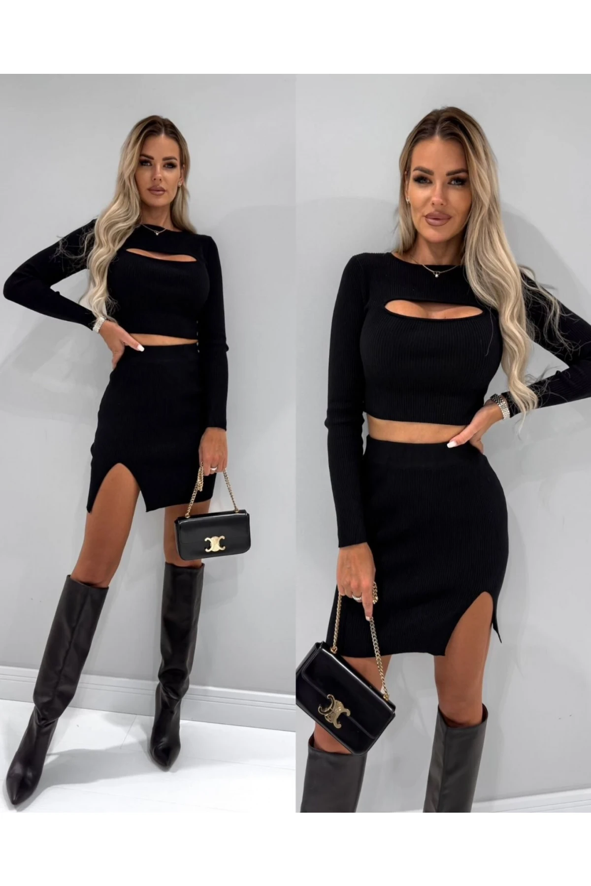 Göğsü Pencereli Etekli Kaşkorse Kumaş İkili Takım