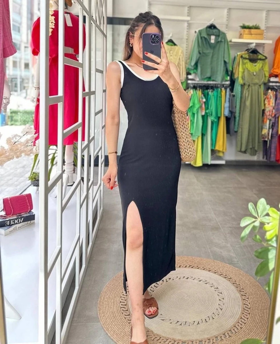 Ottoman Kumaş Askıları Şeritli Yandan Yırtmaçlı Midi Boy Elbise