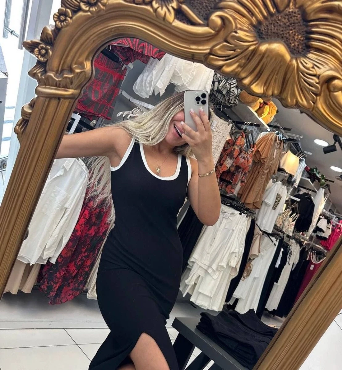 Ottoman Kumaş Askıları Şeritli Yandan Yırtmaçlı Midi Boy Elbise