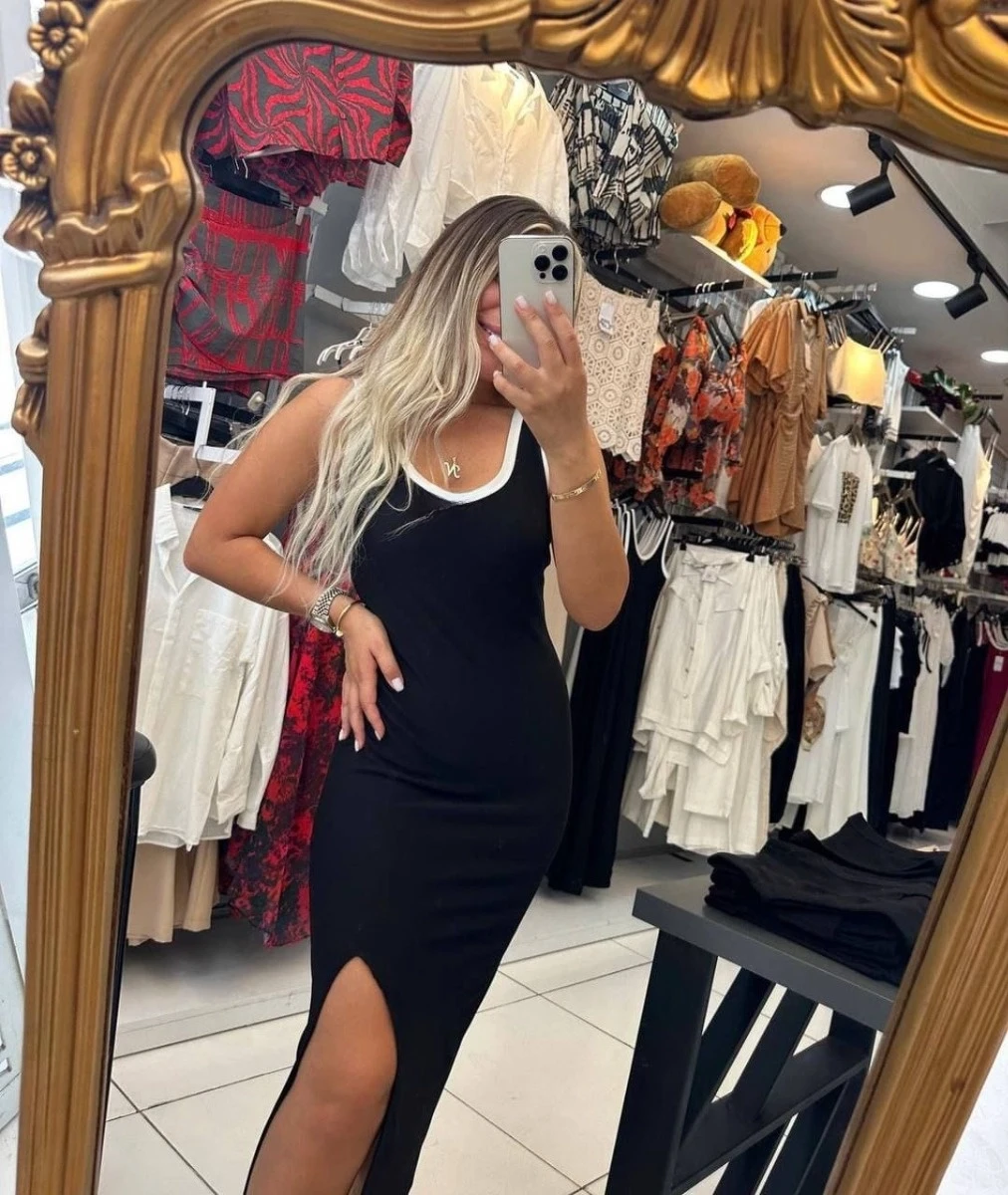 Ottoman Kumaş Askıları Şeritli Yandan Yırtmaçlı Midi Boy Elbise