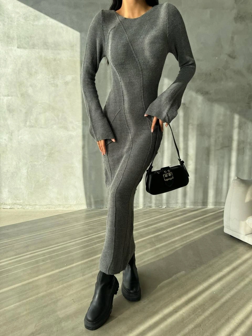 Özel Triko Dokuma Kol Tasarım Maxi Elbise