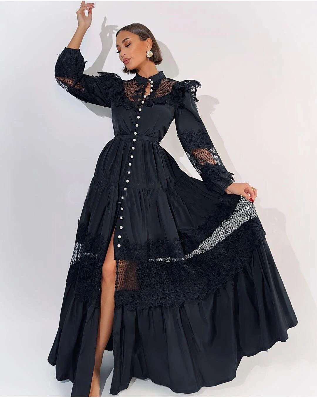 Saten Kumaş Dantel Detaylı İnci  Elbise