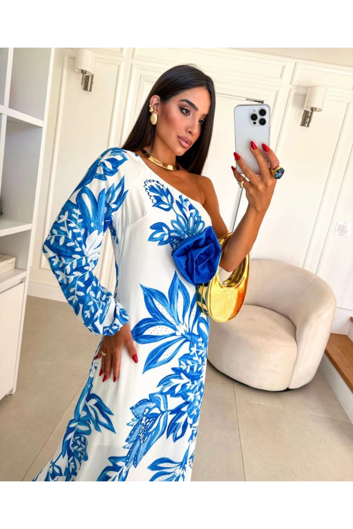 Tek Omuz Çiçek Detaylı İthal  Jessica Kumas Elbise