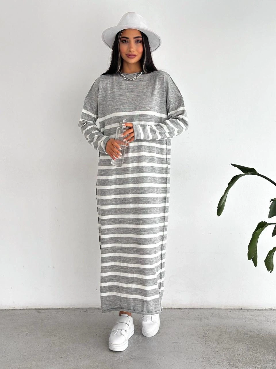 Uzun Çizgili Triko Elbise