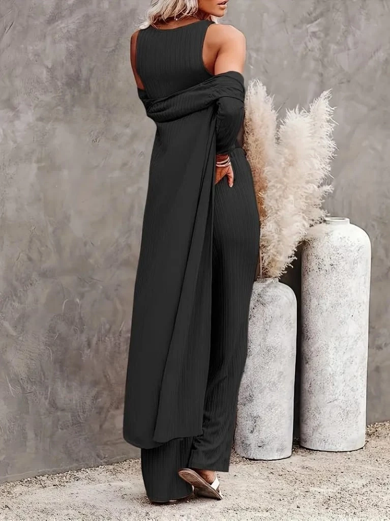 Uzun Kollu Bürümcük Kumaş Hırka Crop ve Pantolon Takım