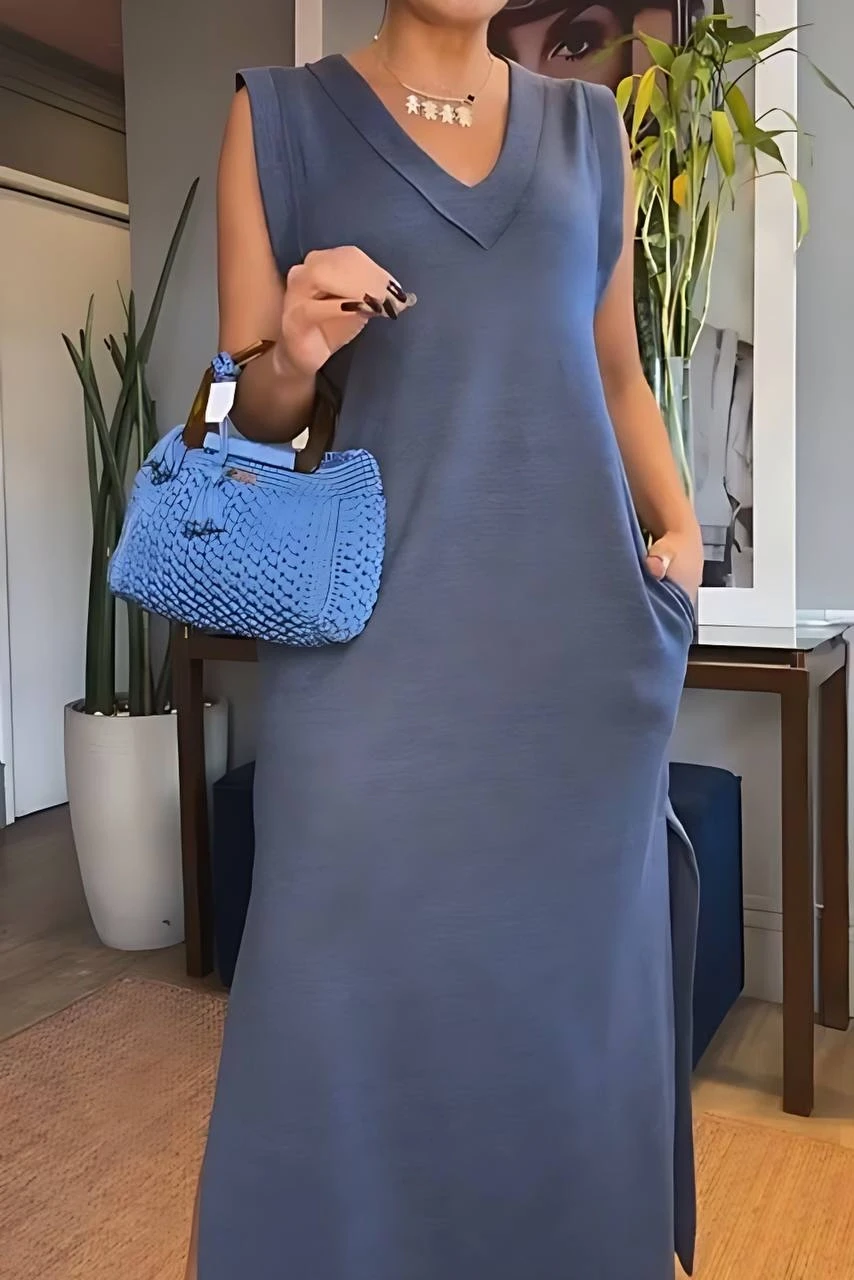 2 İplik Kumaş V yaka Cepli Elbise