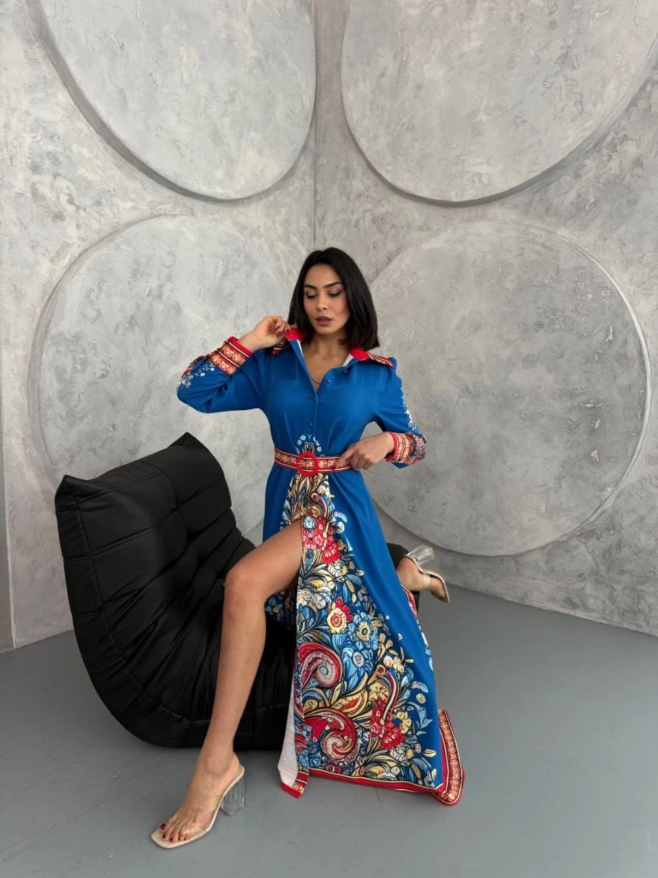 Atlas Kumaş Kemerli Maxi Elbise