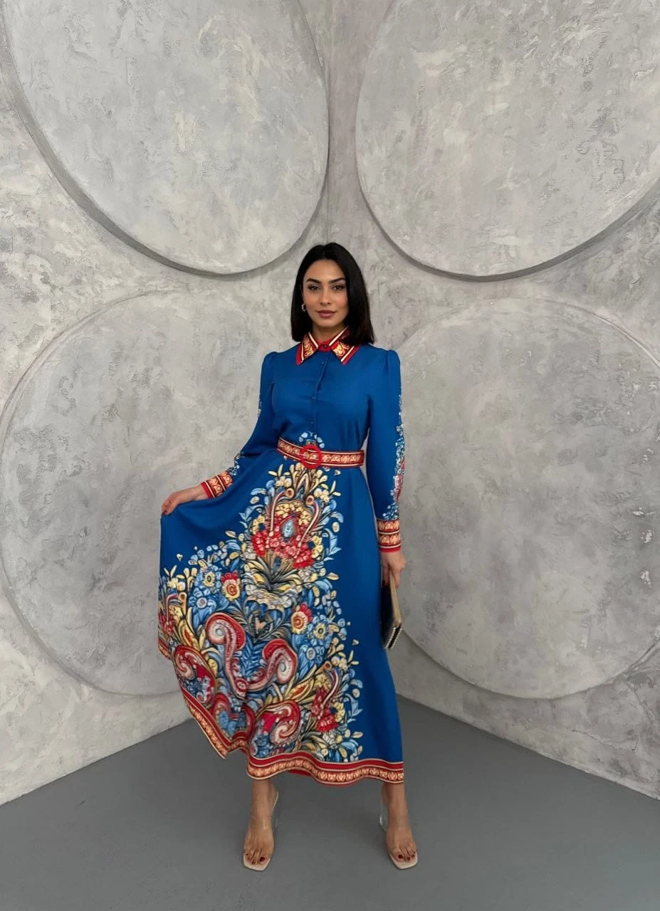 Atlas Kumaş Kemerli Maxi Elbise