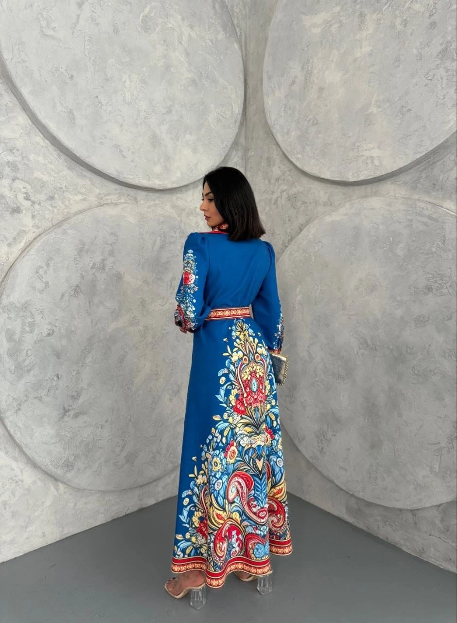 Atlas Kumaş Kemerli Maxi Elbise