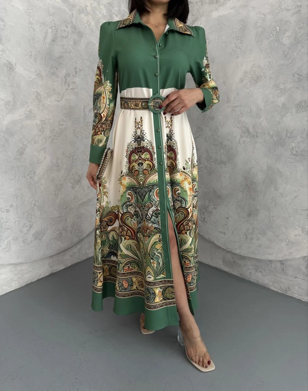 Atlas Kumaş Kemerli Maxi Elbise