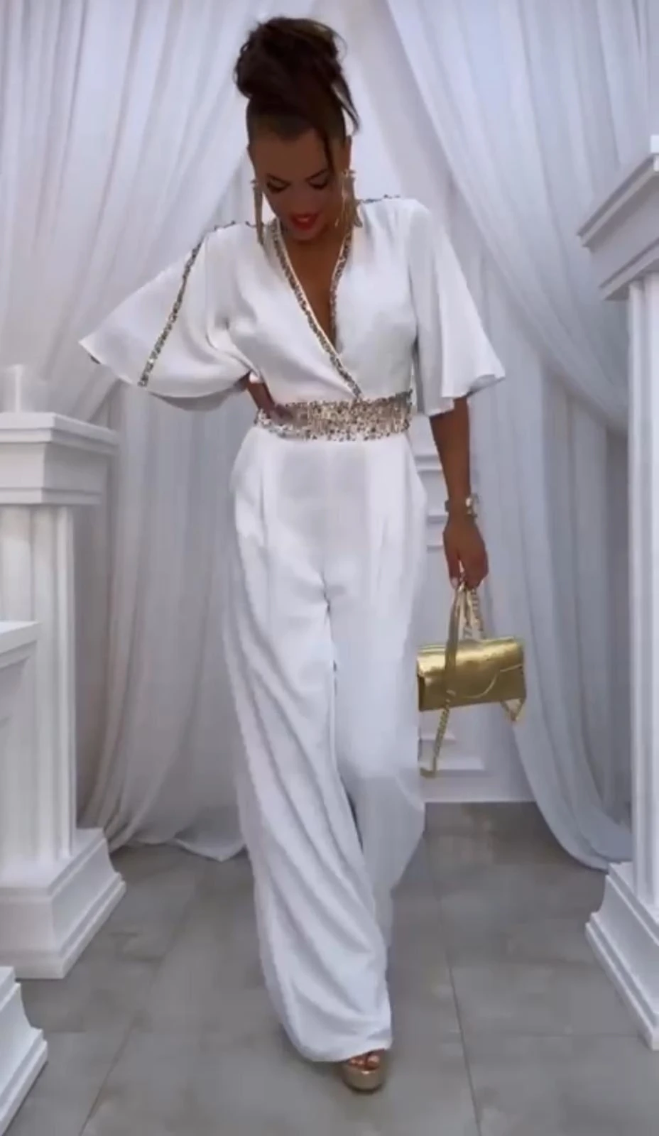 Atlas Kumaş Lıkralı Taş Garnili Tulum