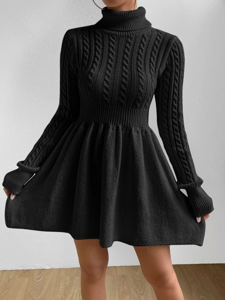 Balıkçı Yaka  Belden Büzgülü Kısa Triko Elbise