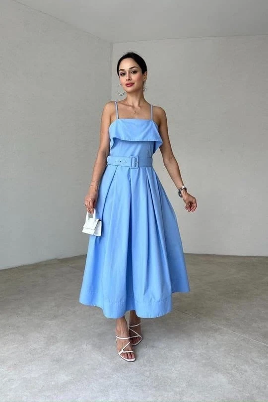 Beli Kemerli Pileli Elbise