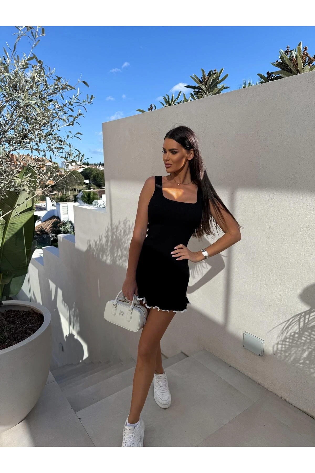 Burgu Kumaşı Eteği Şeritli Elbise