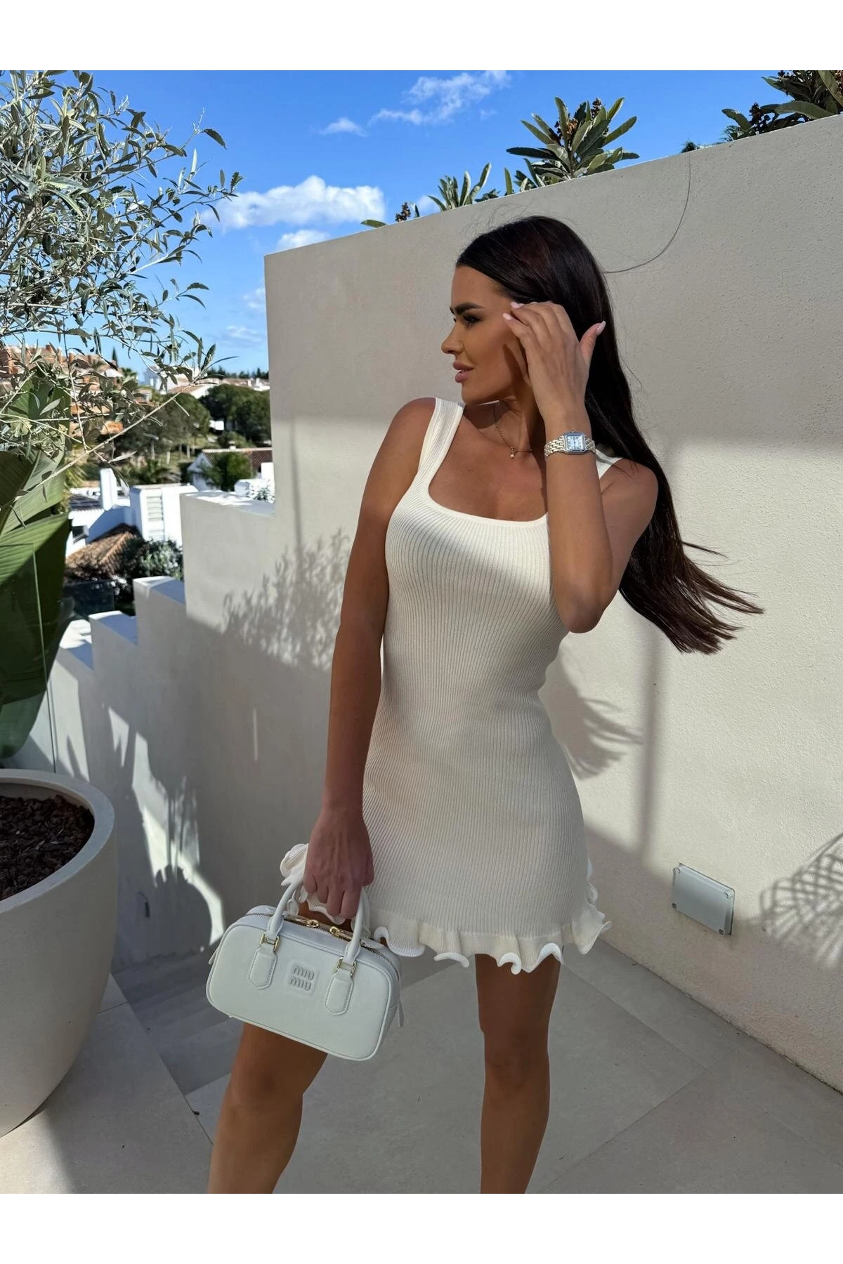 Burgu Kumaşı Eteği Şeritli Elbise