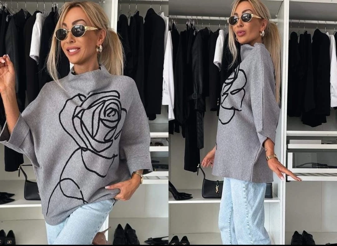 Çiçek Desenli Tasarım Triko Kazak