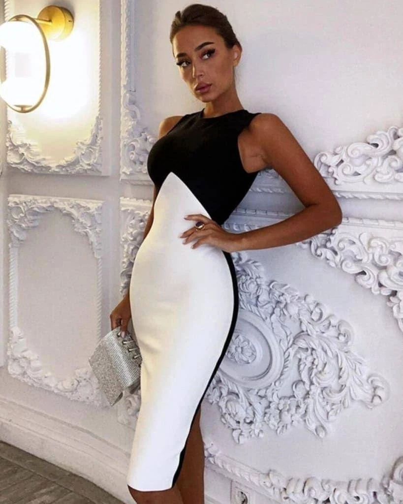 Çift Renkli Dalgıç Kumaş Tasarım Elbise