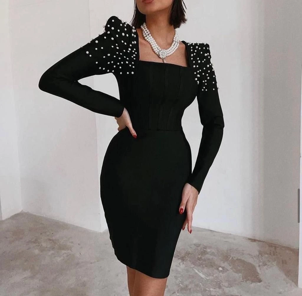 Dalgıç Kumaş Çift Vatkalı İnci Detaylı Elbise