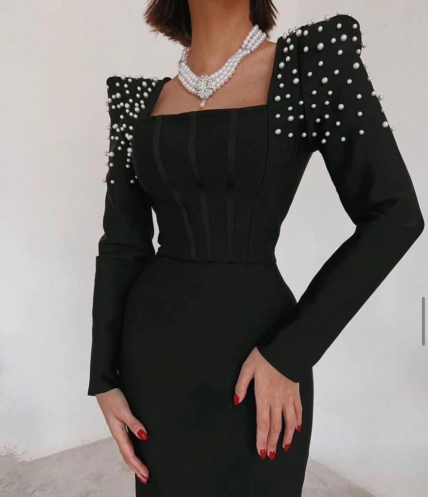 Dalgıç Kumaş Çift Vatkalı İnci Detaylı Elbise