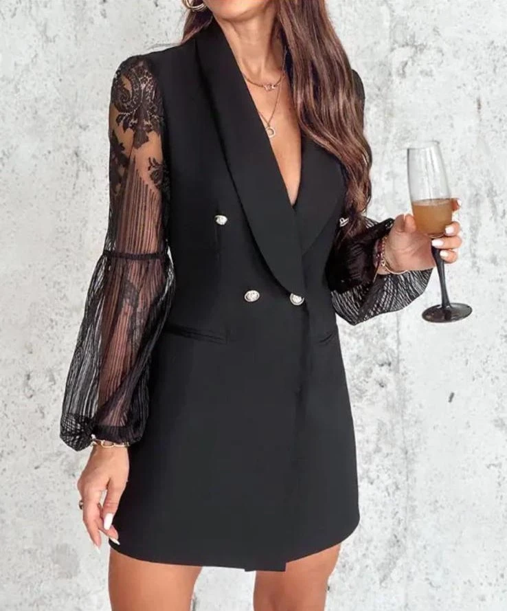 Dalgıç Kumaş İthal Dantel ve Düğme Detaylı Ceket Elbise