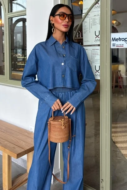 Denim Gömlek Plazzo Pantolon Takım