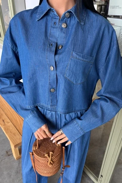 Denim Gömlek Plazzo Pantolon Takım