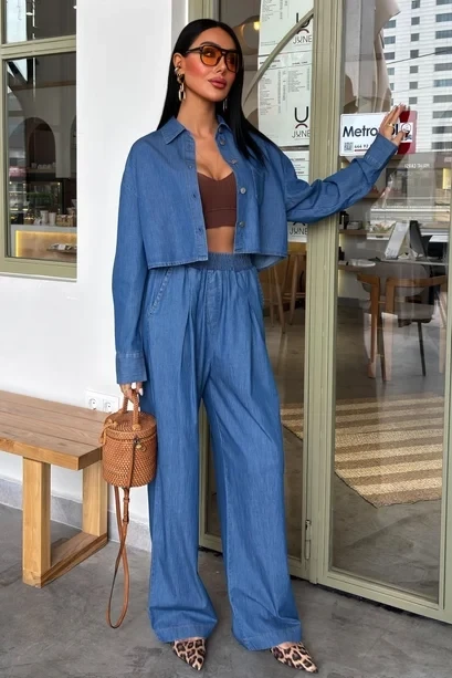 Denim Gömlek Plazzo Pantolon Takım