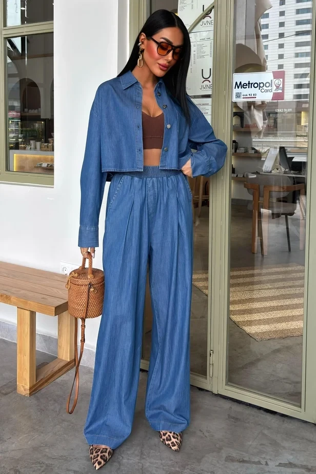 Denim Gömlek Plazzo Pantolon Takım