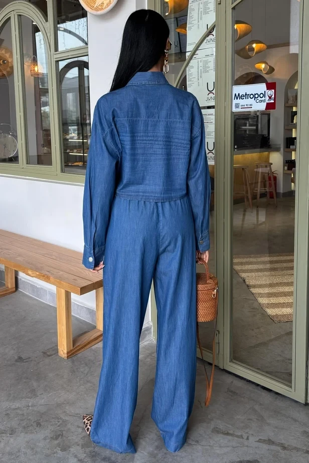 Denim Gömlek Plazzo Pantolon Takım