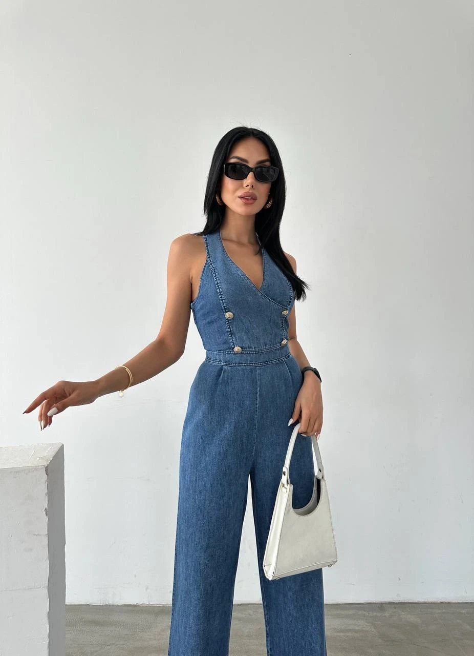 Denim Tasarım Düğme  Aksesuarlı Tulum