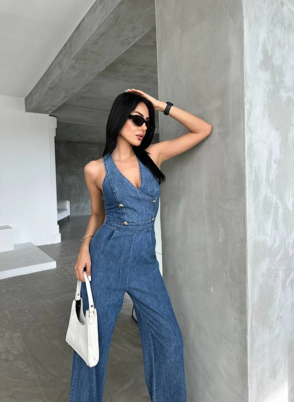 Denim Tasarım Düğme  Aksesuarlı Tulum