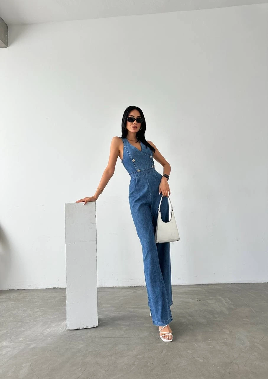 Denim Tasarım Düğme  Aksesuarlı Tulum